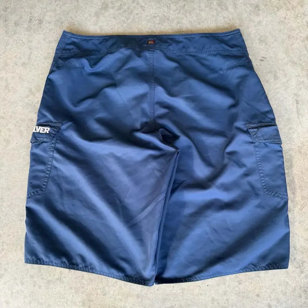 Vintage Y2K Quiksilver Men's Solid Navy Cargo Board Shorts
